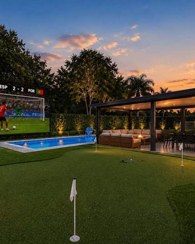 Backyard with putting green, swimming pool, outdoor screen showing soccer match, and covered patio at dusk