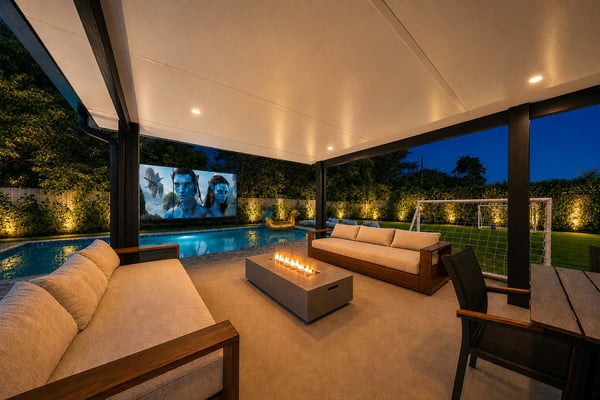 Covered patio with lounge seating, firepit, outdoor TV, illuminated pool, and soccer goals at dusk