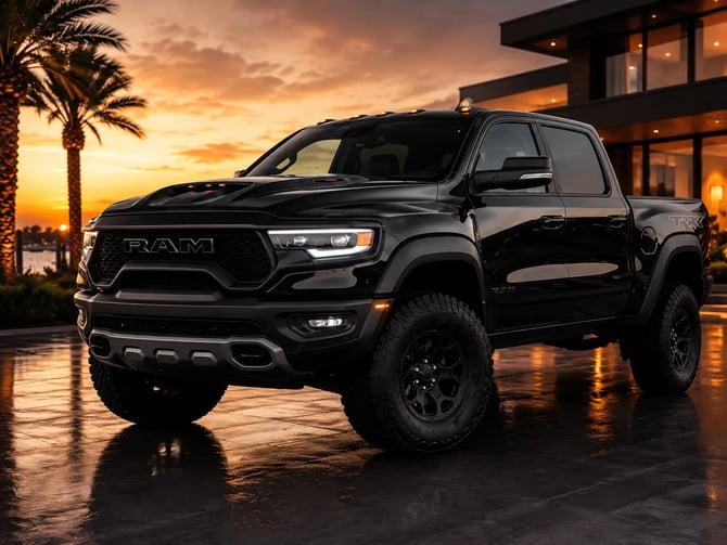 Black pickup truck parked on wet pavement at sunset with palm trees and modern house behind it